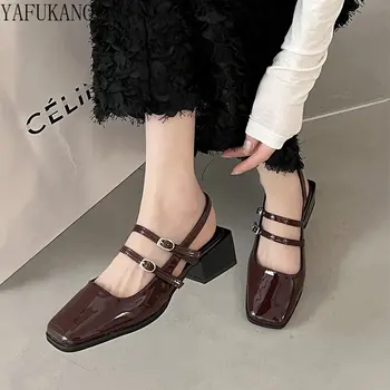 Туфли Mary Jane с квадратным носком во французском ретро стиле, женские летние новые босоножки из лакированной кожи на высоком каблуке с ремешком и пряжкой, Босоножки на массивном каблуке