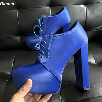Olomm Женские атласные туфли-лодочки ручной работы на высоком массивном каблуке со шнуровкой и круглым носком, великолепные синие модельные женские туфли размера Плюс США 5-20