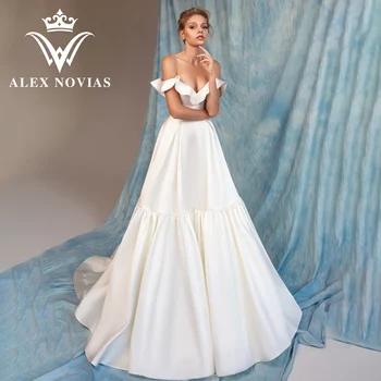 Свадебное платье из атласа трапециевидной формы ALEX NOVIAS 2023, милое платье с открытыми плечами, ОБОРКИ, складки, Шикарное свадебное платье Vestidos Novias De Saten