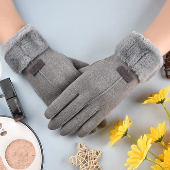 Женские зимние перчатки с теплым экраном, женские меховые перчатки, рукавицы на весь палец, перчатки для вождения, ветрозащитные перчатки