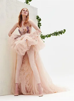 Розовые платья для выпускного вечера, комбинезон с длинным шлейфом, Кружевные 3D цветочные аппликации, тюлевые вечерние платья, Вечерние женские халаты на заказ
