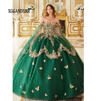 Изумрудно-Зеленая Кружевная Аппликация, Длинное Бальное Платье, Пышные Платья 2024 Года С Открытыми Плечами, День Рождения Принцессы, Vestidos De 15 Años