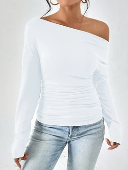 Женская футболка С длинным рукавом, Топы с открытыми плечами, Однотонная Приталенная Осенняя Женская Клубная одежда