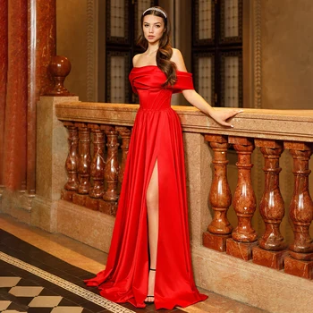 Элегантное вечернее платье для свадьбы с открытыми плечами, женские вечерние платья трапециевидной формы, длинные, с разрезом сбоку, 2023, Красное, простое, выпускное 