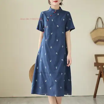 2024 китайское винтажное платье ципао ретро хлопчатобумажное льняное платье с национальной цветочной вышивкой чонсам восточный чайный сервиз qipao dress