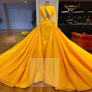 Вечернее платье из золотого атласа в арабском стиле с длинными рукавами 2024 со съемной юбкой, вечерние платья для выпускного вечера, Vestidos De Noche