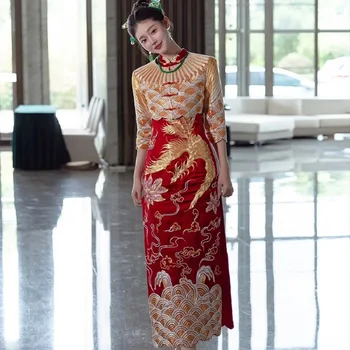 Китайское трендовое свадебное платье из красного золота в стиле ретро для тоста невесты, праздничная одежда для официальной церемонии, винтажное платье Чонсам Феникс со средним рукавом