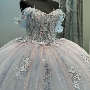 Небесно-Голубое Бальное платье С открытыми плечами, Пышное платье, Кружевная Аппликация с 3D Цветами, Вечернее Платье Принцессы Sweet 16, Vestidos De 15 Años