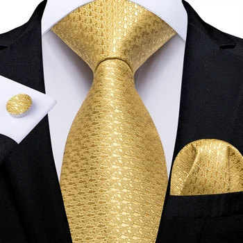 Шелковые галстуки в золотую клетку для мужчин, высококачественные Деловые аксессуары для свадебной вечеринки 160 см, Набор галстуков, Носовой платок, Запонки