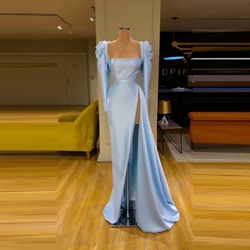 Новые светло-голубые вечерние платья с высоким разрезом, квадратным вырезом и длинными рукавами, вечерние женские платья для вечеринок, простые современные платья