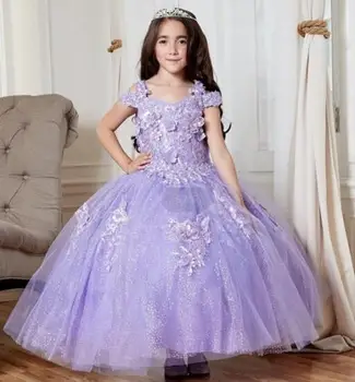 Лавандовые мини-пышные платья, бальное платье с открытыми плечами, аппликации, платья для девочек-цветочниц Для свадеб, праздничные платья, Детские