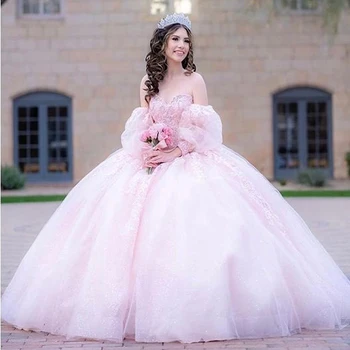 Розовое Бальное платье Пышные платья С Аппликацией Из Бисера С длинным рукавом Vestido De 15 Anos Sweet 16 Платье Принцессы На День Рождения