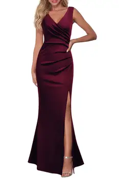 Элегантное бордовое простое вечернее платье без рукавов с V-образным вырезом 