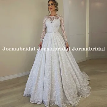 Свадебные платья принцессы с длинным рукавом, Иллюзионный Овальный вырез, Бальное платье с цветочным кружевом, платье невесты, Пуговицы сзади, Vestidos De Novia