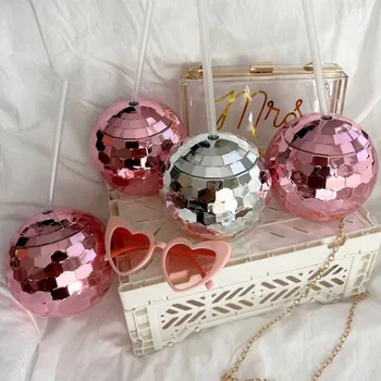 Чашки с диско-шарами из розового золота и серебра с соломенной розовой шляпкой Свадебный декор Чашка для питья на девичнике для будущей невесты Декор вечеринки