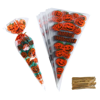 100шт Пакеты для конфет на Хэллоуин, тыквенная летучая мышь, подарочный пакет на Хэллоуин, пластиковый пакет для упаковки конфет, печенья, украшения на Хэллоуин 2023