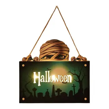 Приветственный знак на Хэллоуин Дверной знак Happy Halloween со светодиодной подсветкой, Декоративный Многоразовый Настенный знак на Хэллоуин С призраком Тыквы-мумии