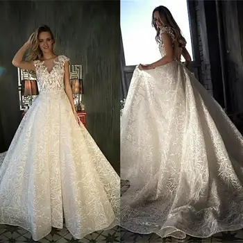 2020 Кружевные свадебные платья с V образным вырезом, укороченные рукава, аппликации на пуговицах сзади, Пляжные свадебные платья, сшитое на заказ Свадебное платье со шлейфом