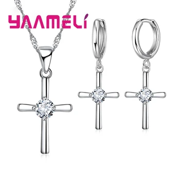 Изысканные наборы ювелирных изделий из стерлингового серебра 925 пробы с прозрачным кубическим цирконием, проложенным подвесками, Ожерелье, серьги-кольца для женщин и девочек