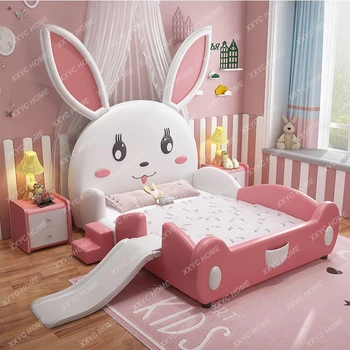 Розовая кровать принцессы для детей от 3 до 16 лет, мебель из массива дерева, спальная кровать в форме милого кролика с ограждением