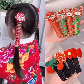Новогодний Красный цветок, праздничный хвост, Эластичные ленты для волос, Резиновый телефонный провод, резинки для волос, детские аксессуары для волос