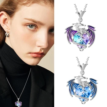 Красочное ожерелье с подвеской в виде хрустального дракона для женщин, Изысканное сине-фиолетовое ожерелье в виде дракона, Подарок