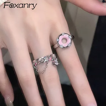 Foxanry Розовая Глазурь, Цветочные кольца для женщин, Новая Мода, Корейская Милая Цепочка с Кисточкой, Ювелирные Изделия ручной работы, Подарки для свадебной вечеринки.