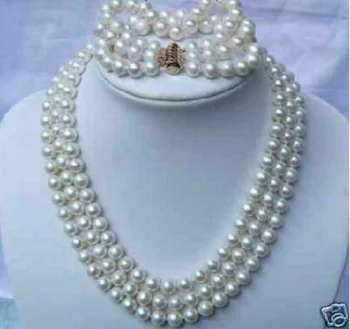 3 ряда Круглое ожерелье из белого жемчуга Akoya AAA 18 дюймов + браслет 7,5-8 