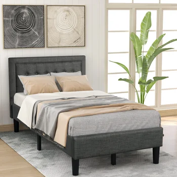 Двуспальная кровать-платформа с мягкой обивкой на пуговицах и прочной деревянной планкой-опорой Серого Цвета [US-W]