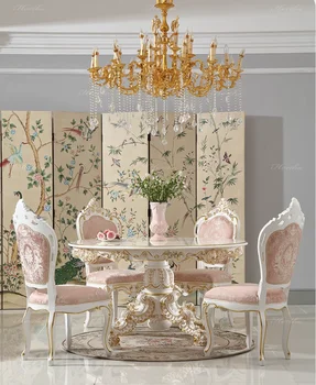 Сочетание французского розового круглого стола и стула с резной ресторанной роскошной мебелью из европейского массива дерева может быть изготовлено по индивидуальному заказу