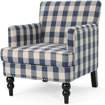 Клубный стул Evete Из хохлатой ткани, Стулья для гостиной, Темно-коричневая мебель, Синяя Шахматная доска 32D X 28,75W X 34,5 H, Бесплатная доставка