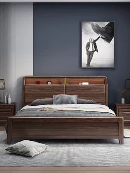 Кровать из массива ореха 1,8 м в главной спальне двуспальная кровать в китайском современном простом стиле с высоким давлением воздуха для хранения домашней большой кровати