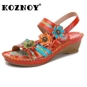 Женские летние Босоножки Koznoy 3,5 см из натуральной кожи с цветочными аппликациями на платформе, удобные женские модные этнические туфли на плоской подошве с крючком