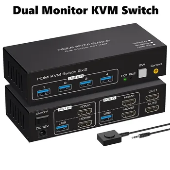 Двухмониторный KVM-переключатель HDMI 2 порта 4K60Hz KVM-переключатель для 2 Компьютеров 2 Мониторов с 4 портами USB 3.0 Поддерживают Копирование и расширение