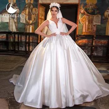 Aedmgh Бальное платье Королевские свадебные платья 2024, женское платье без рукавов, кружевное, расшитое бисером, Матовое, атласное Vestido De Novia