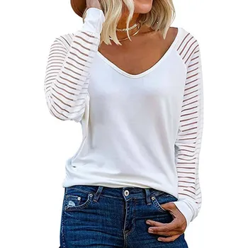 Осенне-зимний женский топ с длинными рукавами в полоску, повседневная свободная футболка, женская нижняя рубашка с V-образным вырезом