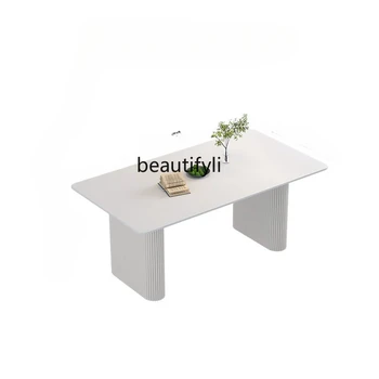 Белый прямоугольный обеденный стол во французском кремовом стиле, Сочетание стульев, Простой домашний обеденный стол с каменной плитой в маленькой квартире