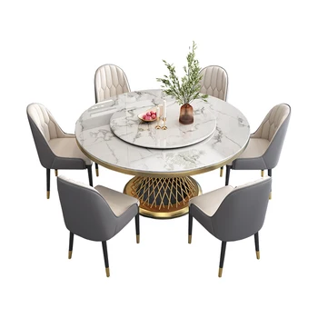 Современный светлый роскошный обеденный стол и стулья из каменной плиты в сочетании с современным простым круглым столом домашний обеденный стол