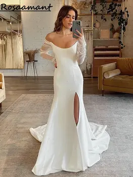 Простые свадебные платья с открытыми плечами и высоким разрезом, свадебное платье с длинным рукавом в стиле русалки