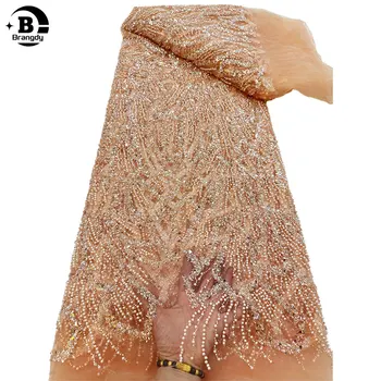5 Ярдов высококачественной вышивки, тяжелая кружевная ткань для жениха, Французские Африканские блестки, расшитая бисером кружевная ткань для свадебного платья R75032