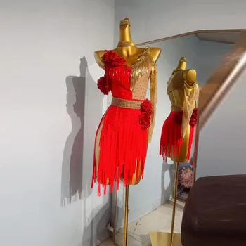 Усовершенствованное изготовленное на заказ платье для латиноамериканских танцев с цветочными блестками, профессиональное платье с кисточками для взрослых женщин, бальное платье для выступлений, Сексуальная короткая юбка