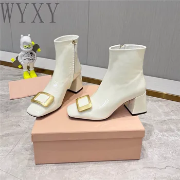 Осенние новые женские ботинки с квадратным носком на массивном каблуке Модные Простые женские ботильоны из натуральной кожи с квадратными пуговицами на высоком каблуке и молнии 2023