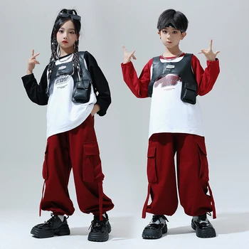Одежда для уличных танцев для мальчиков, толстовка оверсайз, красные брюки-карго, комплект детской одежды в стиле хип-хоп для девочек, детская джазовая уличная одежда