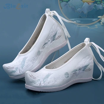 Китайская традиционная обувь Hanfu, древние женские туфли на танкетке со скрытым каблуком, Белый острый носок, Восточная Лолита, Вышитые облака, Журавли