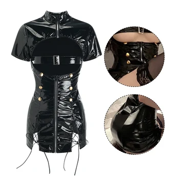 Женская Черная ночная рубашка из лакированной кожи, сексуальное Ажурное облегающее короткое платье с подтеками на груди, Обтягивающая ночная рубашка на молнии, Эротическое белье