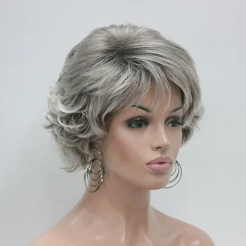 Очаровательный красивый модный новый женский парик из коротких синтетических волос светло-серого цвета с темными корнями для повседневного использования