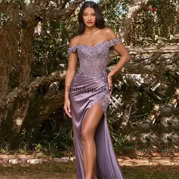 Кружевное вечернее платье с вышивкой, шелковый атлас с разрезом сбоку, элегантное Фиолетовое платье для выпускного вечера, Сексуальные вечерние платья с открытыми плечами.